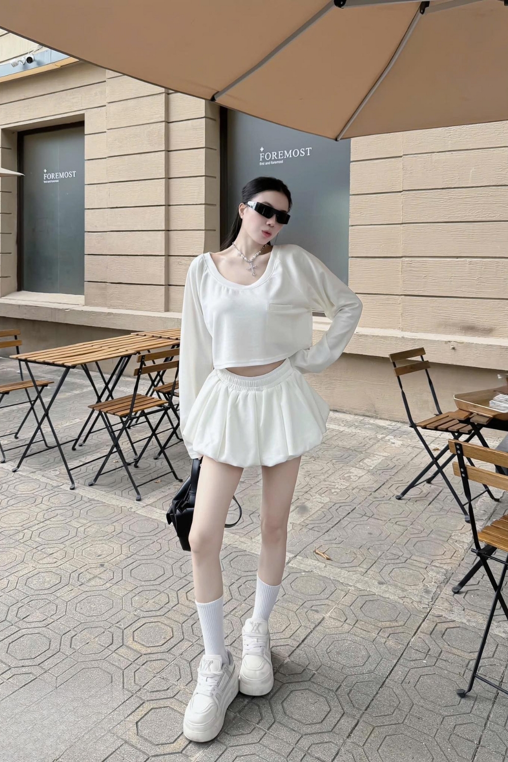 Off-the-shoulder Puffy Dress Set for Street Wear