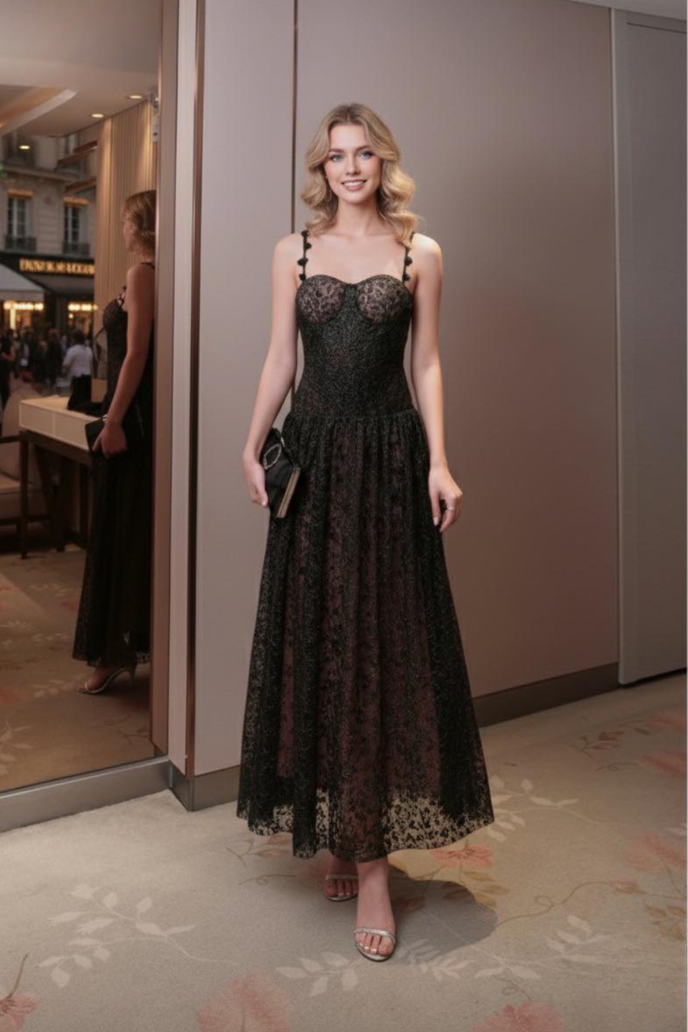 Elegant and Powerful Black Lace Long Dress