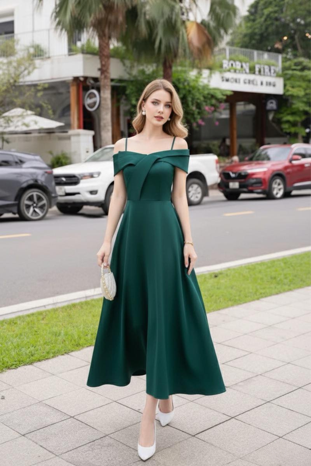 Elegant Emerald Green Off-the-Shoulder Dress