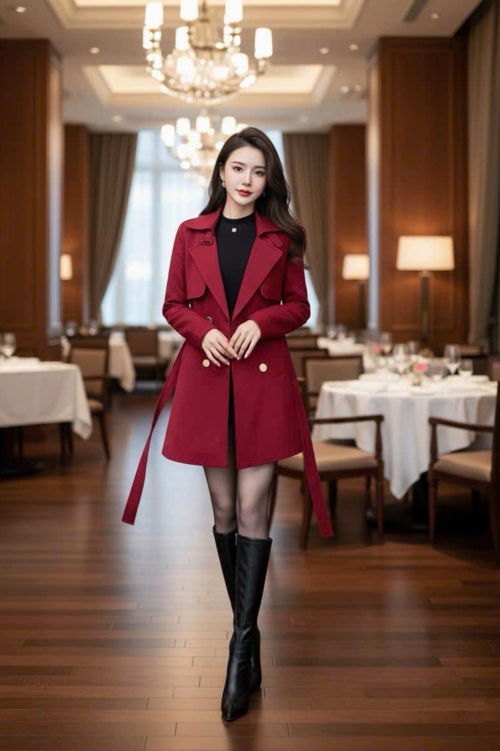 Short Burgundy Coat with Belt