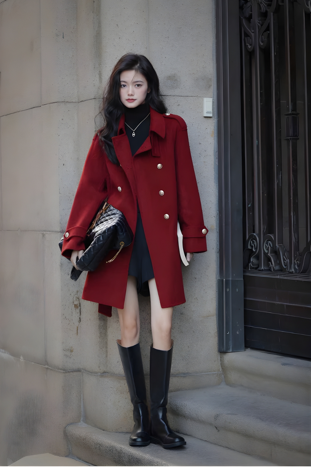 Alternative view of Mid-Length Coat with Gold Buttons