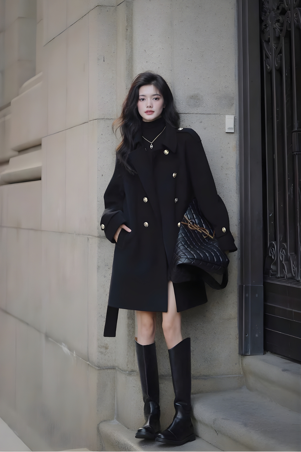 Mid-Length Coat with Gold Buttons