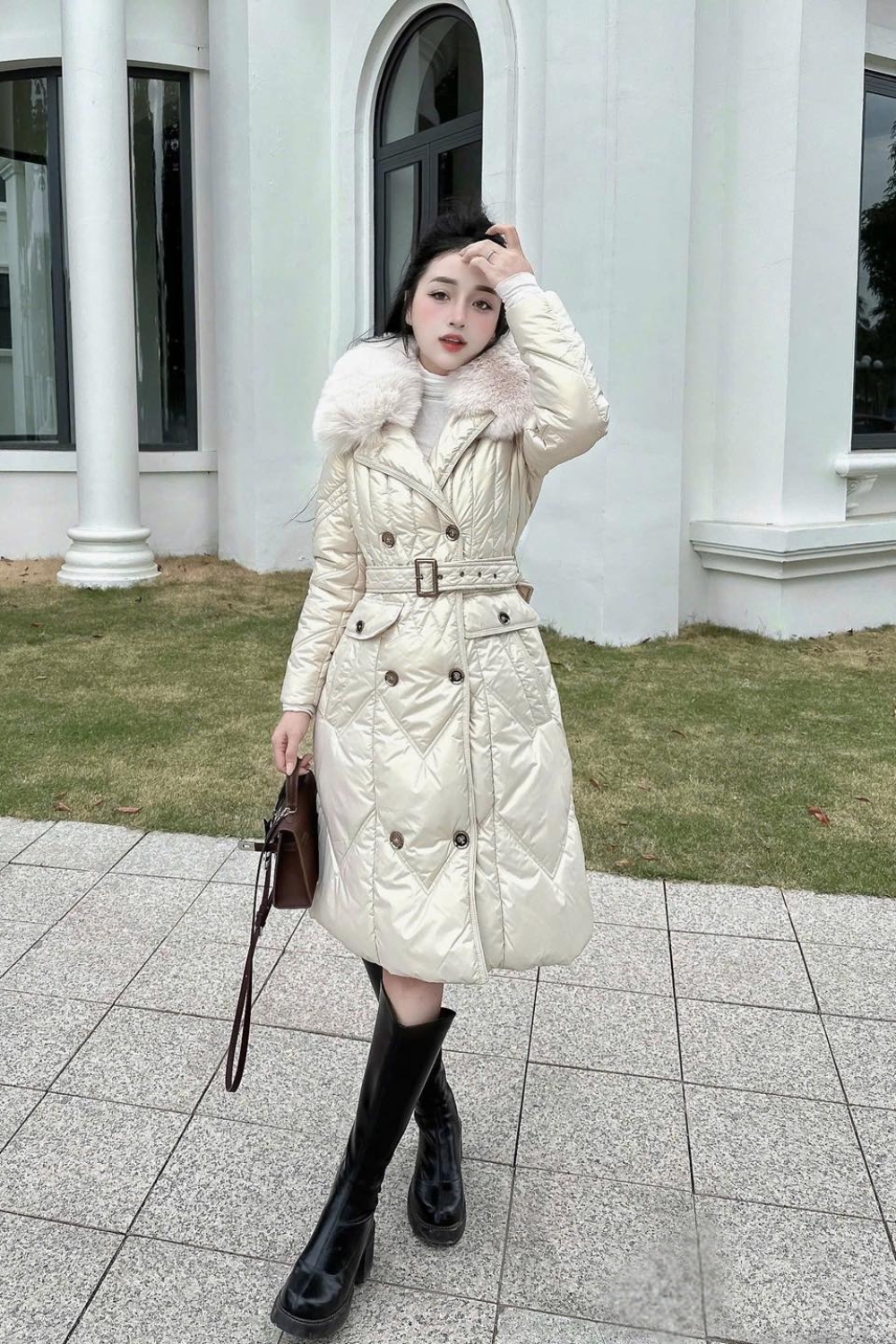 Quilted Down Jacket with Belt